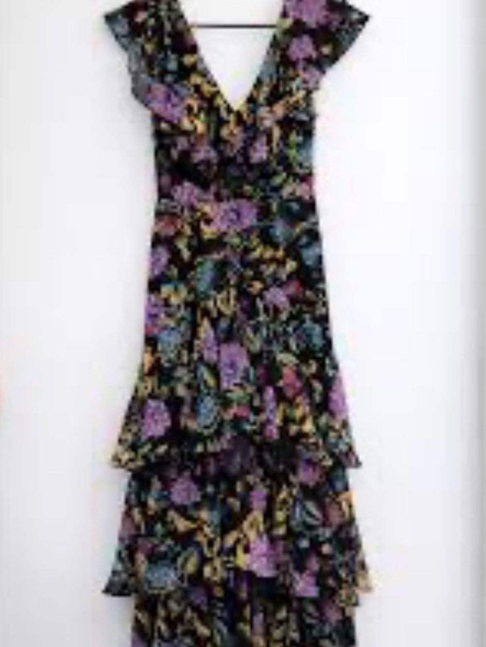 Wayf Black Floral Tiered Maxi Dress with Purple & Blue Flowers